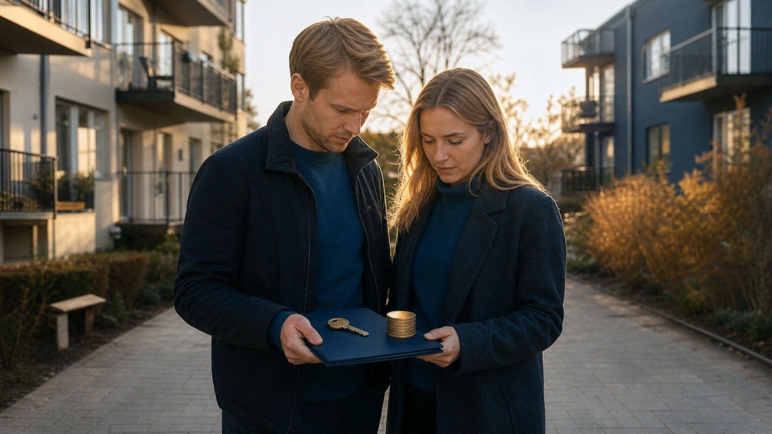 Unge boligkjøpere ser på en nordisk leilighet med husnøkkel og sparing i forgrunnen.