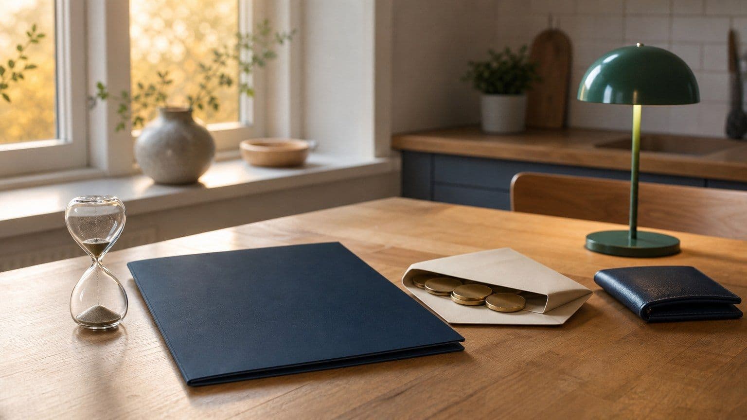Et ryddig lånebord med timeglass, blanke lånedokumenter og mynter som illustrerer raske lånetilbud.